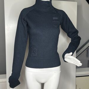 Vintage Adidas XS Navy Blue Three a button Turtleneck Wool Pullover Sweater